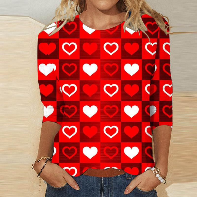 Cheky - Valentine's Day Female With Hearts Printing Crew Neck T-shirt Top