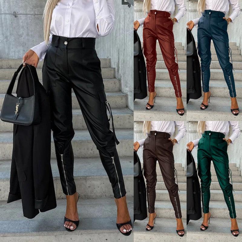 Cheky - Fashion Slim-fitting Leather Trousers Women Waist-cinching Zipper Design Pants With Pockets