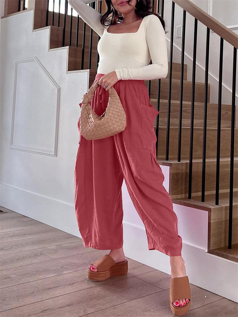 Cheky - Fashion Wide Leg Pants Summer Loose Elastic High Waist Pleated Trousers Solid Color Womens Clothing