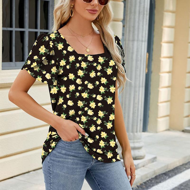 Cheky - Summer Top Fashion Square Neck Printed Short-sleeved T-shirt With Petal Sleeve Design Bohemian Beach Loose T-shirt For Womens Clothing