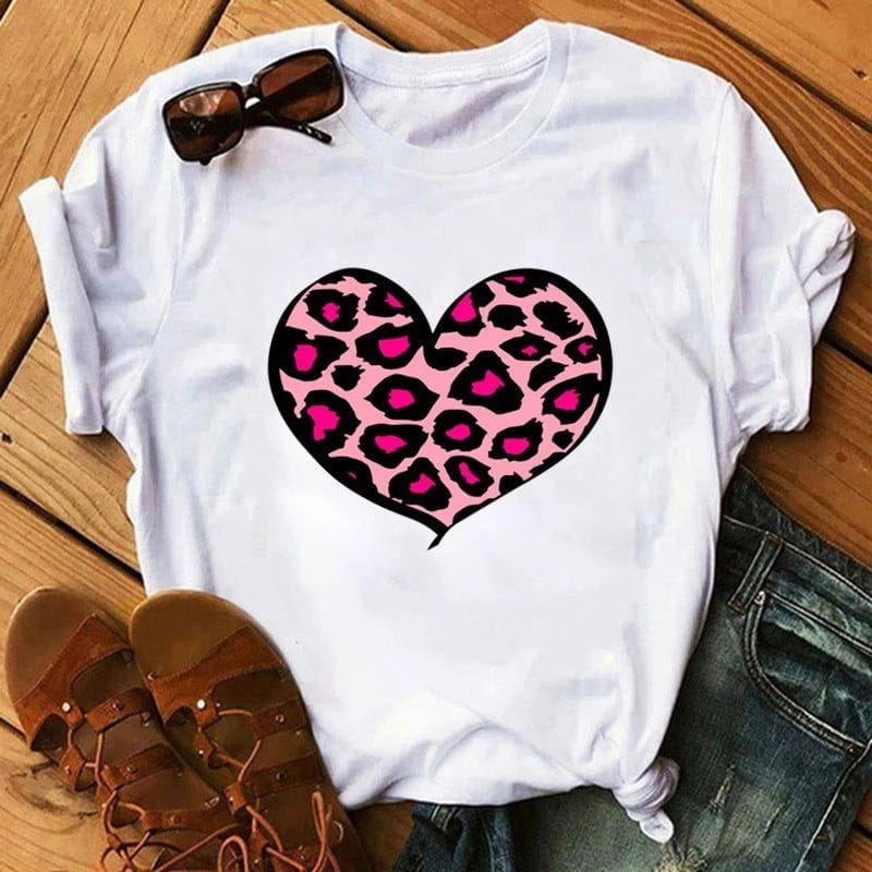 Cheky - Spring Women's Cartoon Leopard Print Heart Printing T-shirt