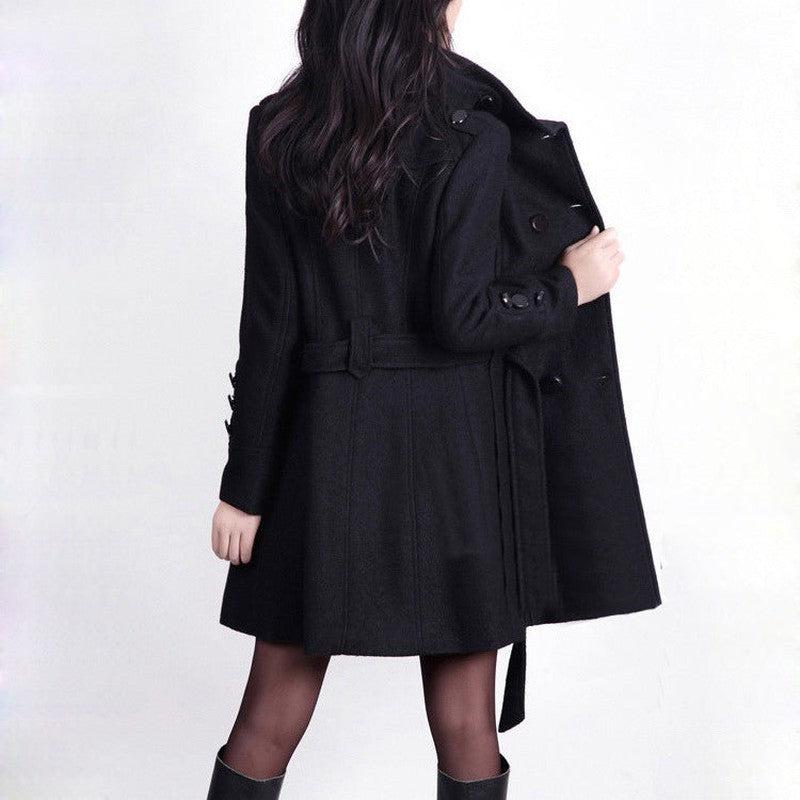 Cheky - Korean Style Slim Waist Plus Size Woolen Mid-length Woolen Coat