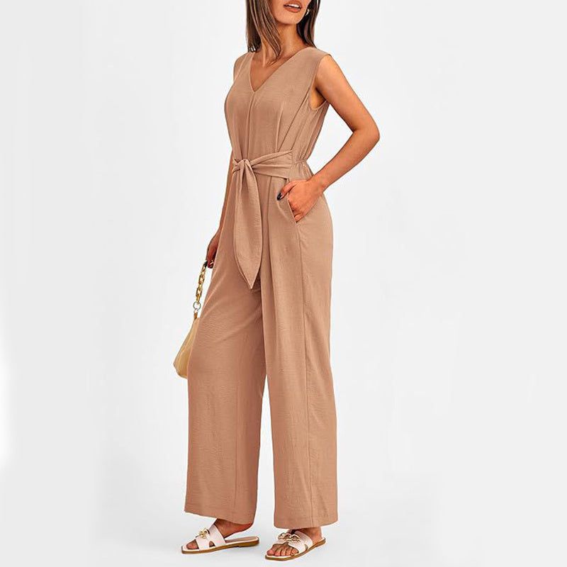 Cheky - New V-neck Sleeveless Long Jumpsuit With Pockets And Lace-up Design Wide-leg Straight Trousers Summer Womens Clothing