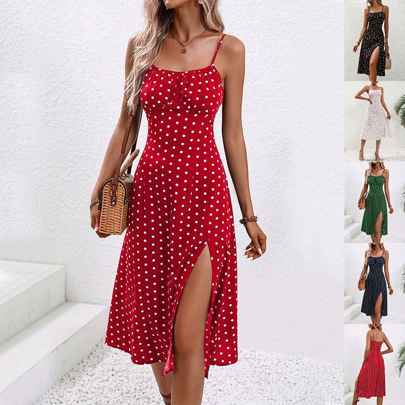 Cheky - New Polka Dot Print Suspender Dress Summer Sexy Slit Long Dresses For Womens Clothing