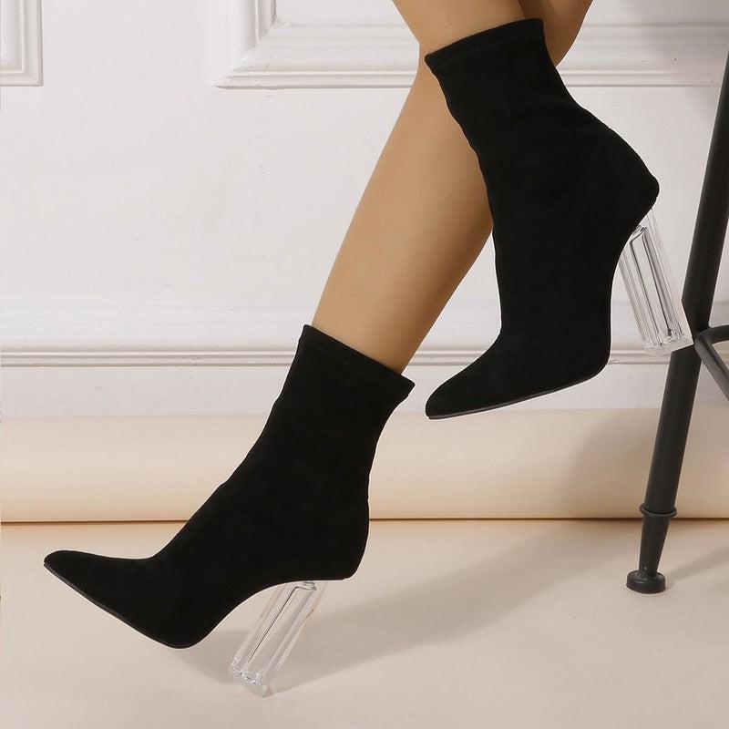 Cheky - New Crystal Heel Boots Fashion High-heeled Party Shoes For Women Elastic Mid-calf Slim-foot Boots Autumn And Winter