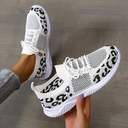 Cheky - White Shoes Women Leopard Print Lace-up Sneakers Sports