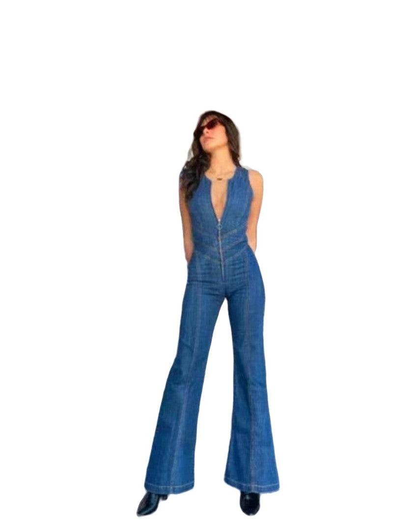 Cheky - Spring Slim Fit Slimming Fashion Street Retro Style High Waist Denim Jumpsuit