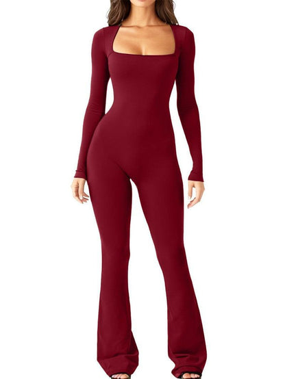 Cheky - Women Long Sleeve Belly Waist Shaping And Hip Lift Square Collar Wide Leg High Elastic Jumpsuit