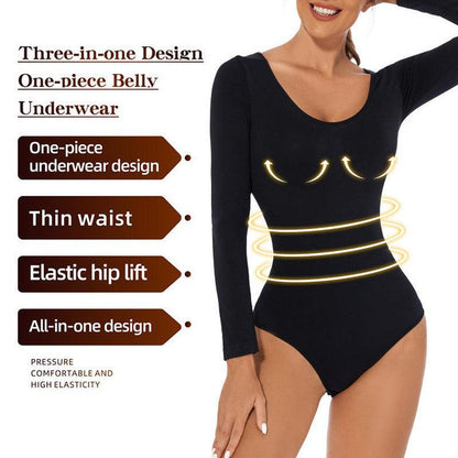 Cheky - Women's One-piece Bottoming Shirt Long-sleeved Corset Body Shaper Seamless Jumpsuit Home Fitness Yoga Clothes