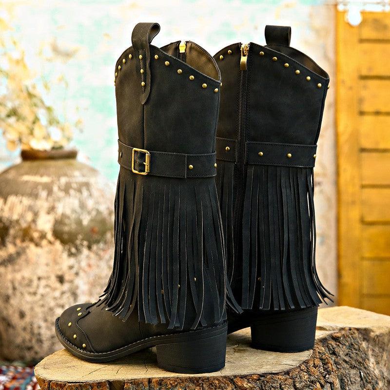 Cheky - Retro Tassel Boots With Rivet Strap Buckle Design Shoes For Women Winter Footwear Fashion Mid-calf Square Heel Knight Western Boots