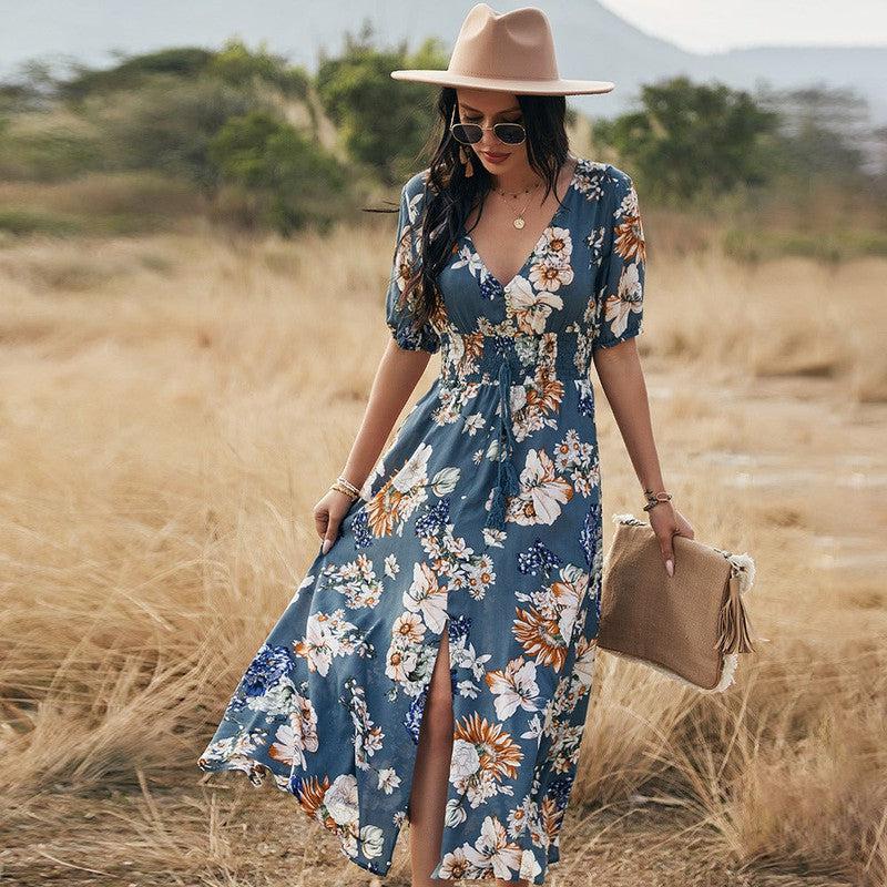 Cheky - Floral Summer Beach Dress With V Neck Elastic Waist Dresses For Women