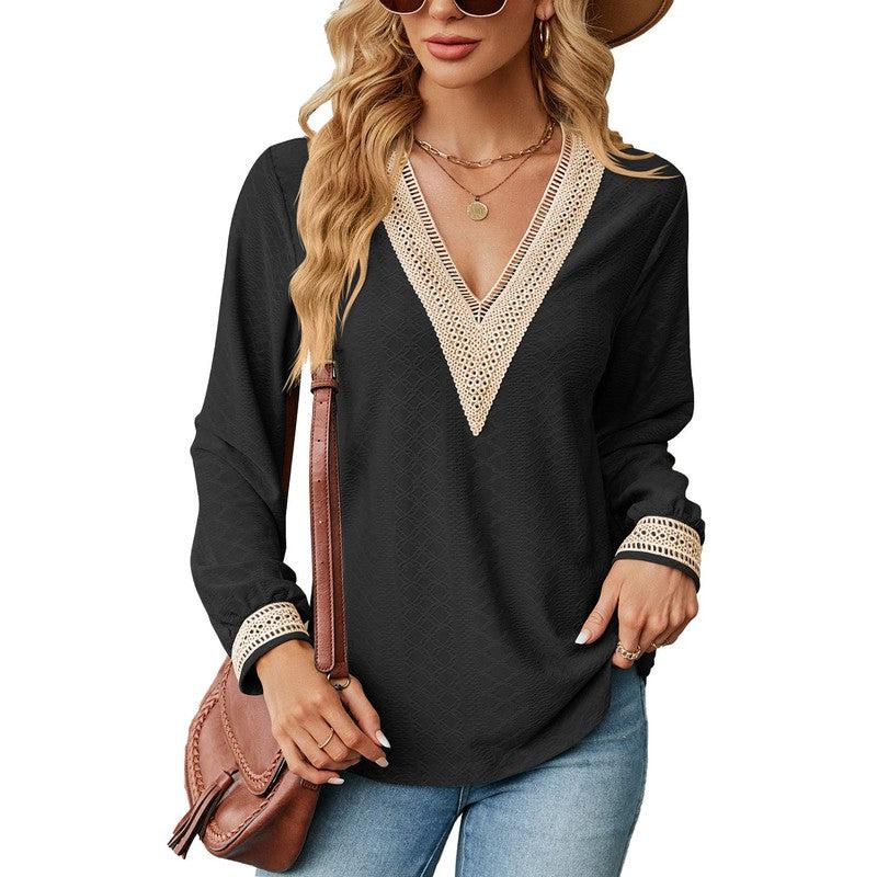 Cheky - Lace Stitching V-neck T-shirt Loose Long-sleeved Solid Color Top For Women