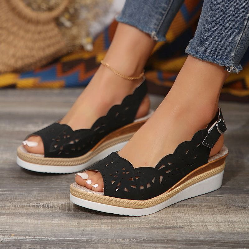 Cheky - New Fish-mouth Wedge Sandals Summer Thick-soled Hollow Buckle Roman Shoes For Women