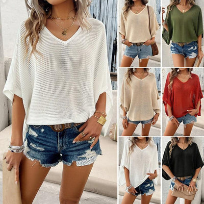 Cheky - V-neck Bat Sleeve Short-sleeved T-shirt Top Summer Casual Loose Hollow Sweater Fashion Womens Clothing