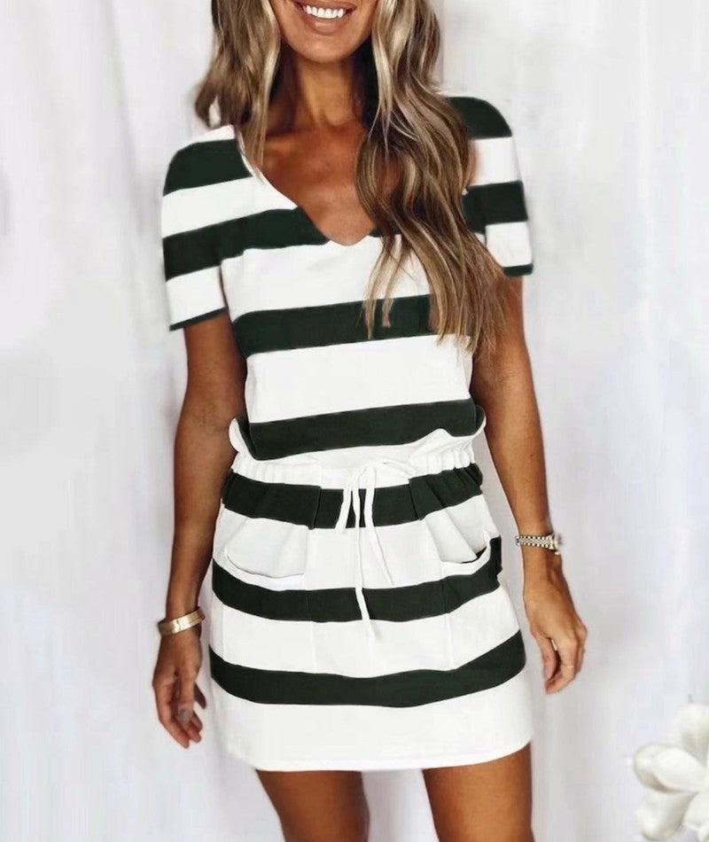 Cheky - Striped Print Short-sleeved Dresses Summer Fashion V-neck Drawstring Design Short Dress Beach Womens Clothing