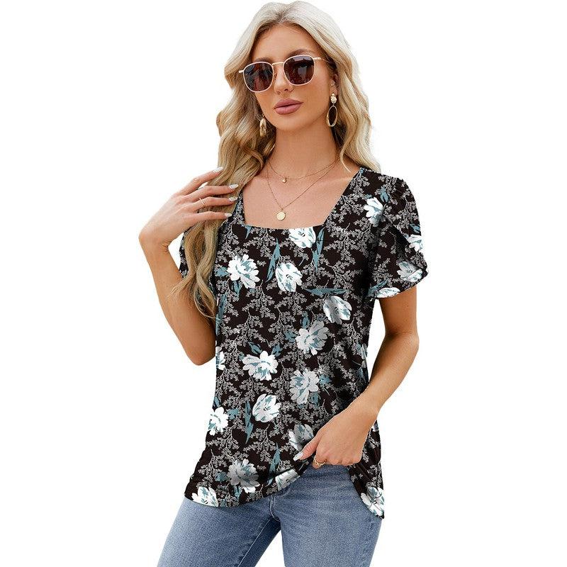 Cheky - Summer Top Fashion Square Neck Printed Short-sleeved T-shirt With Petal Sleeve Design Bohemian Beach Loose T-shirt For Womens Clothing