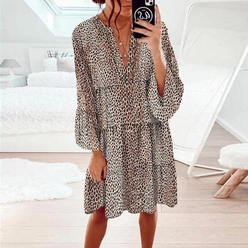 Cheky - Women's Clothing Leopard Print V-neck Plus Size Loose Long Sleeve Dress