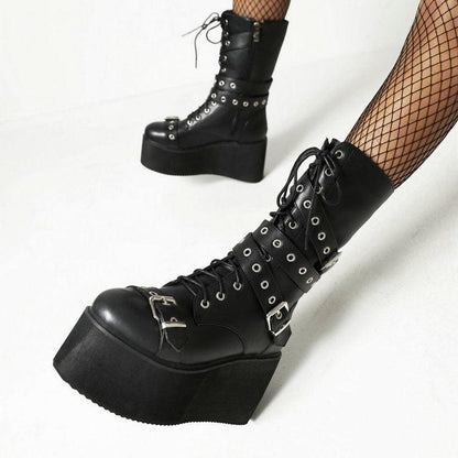 Cheky - Women's British-style Platform Black Rivet Boots