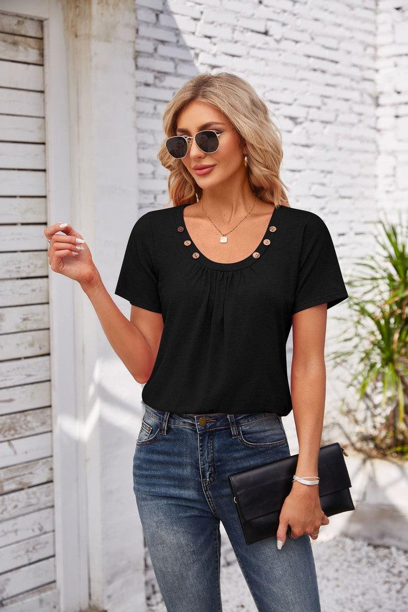 Cheky - Women's Short-sleeved T-shirt Summer Button Square Collar Pleated Design Solid Color Loose T-shirt Womens Clothing