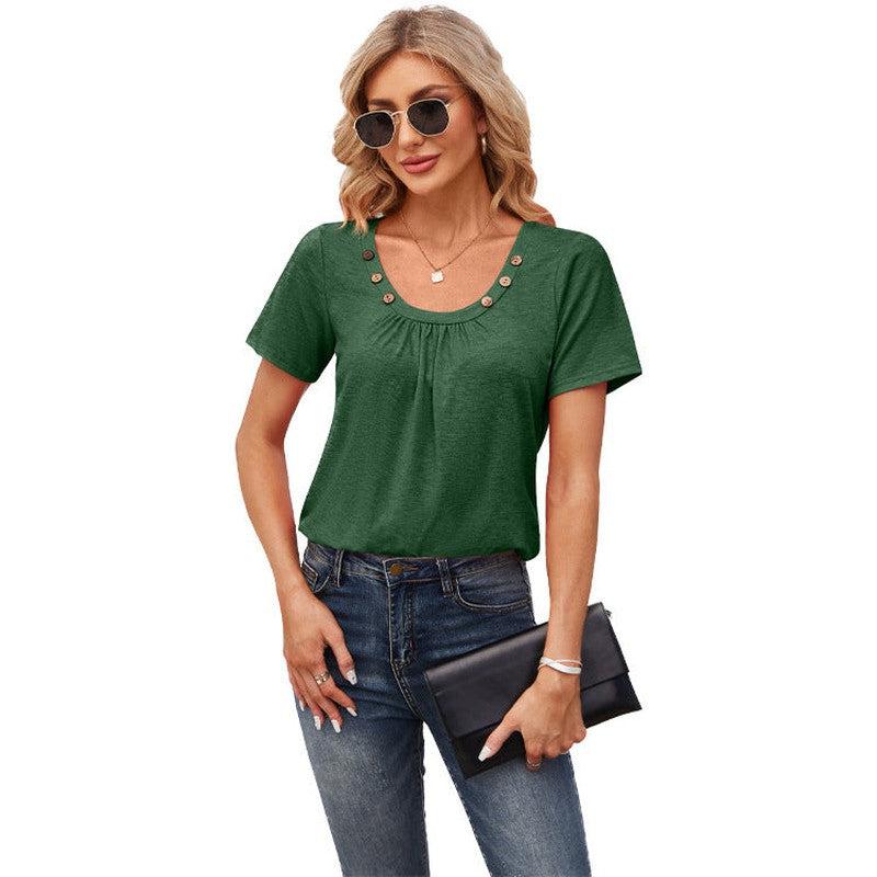 Cheky - Women's Short-sleeved T-shirt Summer Button Square Collar Pleated Design Solid Color Loose T-shirt Womens Clothing