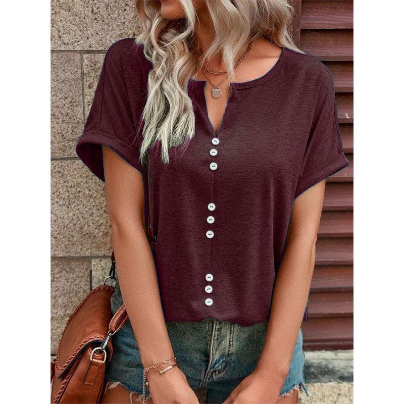 Cheky - V-neck Short Sleeve Tops Shirt Summer Button Design Blouse