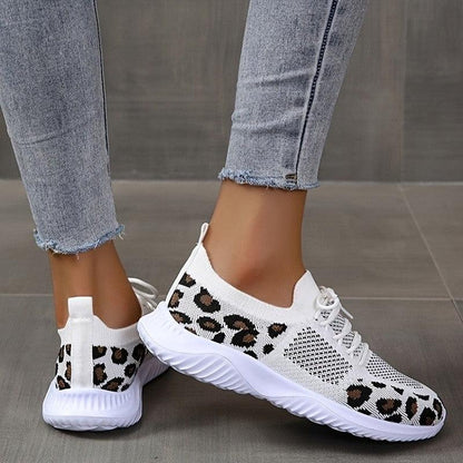 Cheky - White Shoes Women Leopard Print Lace-up Sneakers Sports