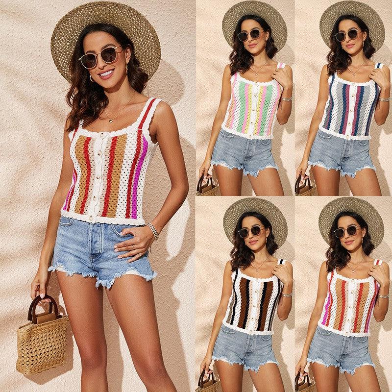 Cheky - Summer Tops Beach Multi-color Splicing Striped Sweater Fashion Lace Camisole Vest Women