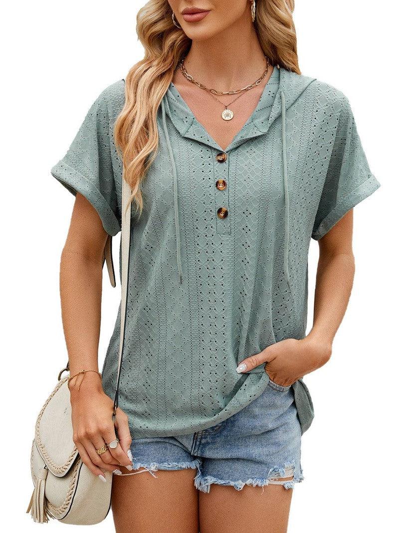 Cheky - New Solid Color Hooded Button T-shirt Loose Hollow Design Short-sleeved Top For Womens Clothing