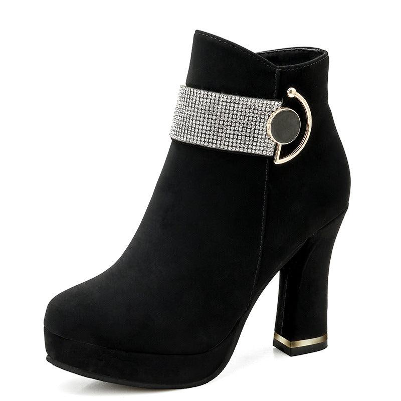 Cheky - Rhinestone Chunky Heel Fashion Short Boots Waterproof Platform High Heel Boots