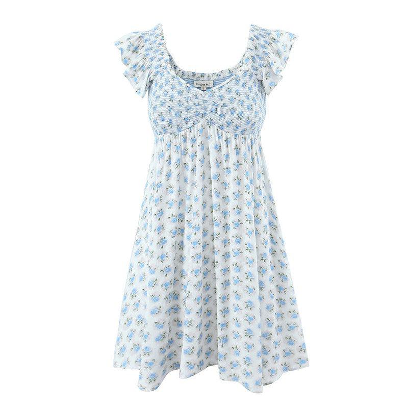 Cheky - French Vacation Style Small Blue Flowers Elastic Loose Dress