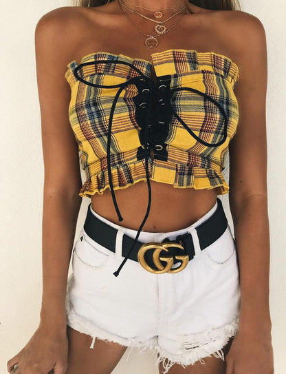 Cheky - Plaid Ruffle Lace Up Tank Top Sexy Bohemian Fitness Yellow Crop Top Off Shoulder Backless Vintage Short Tops