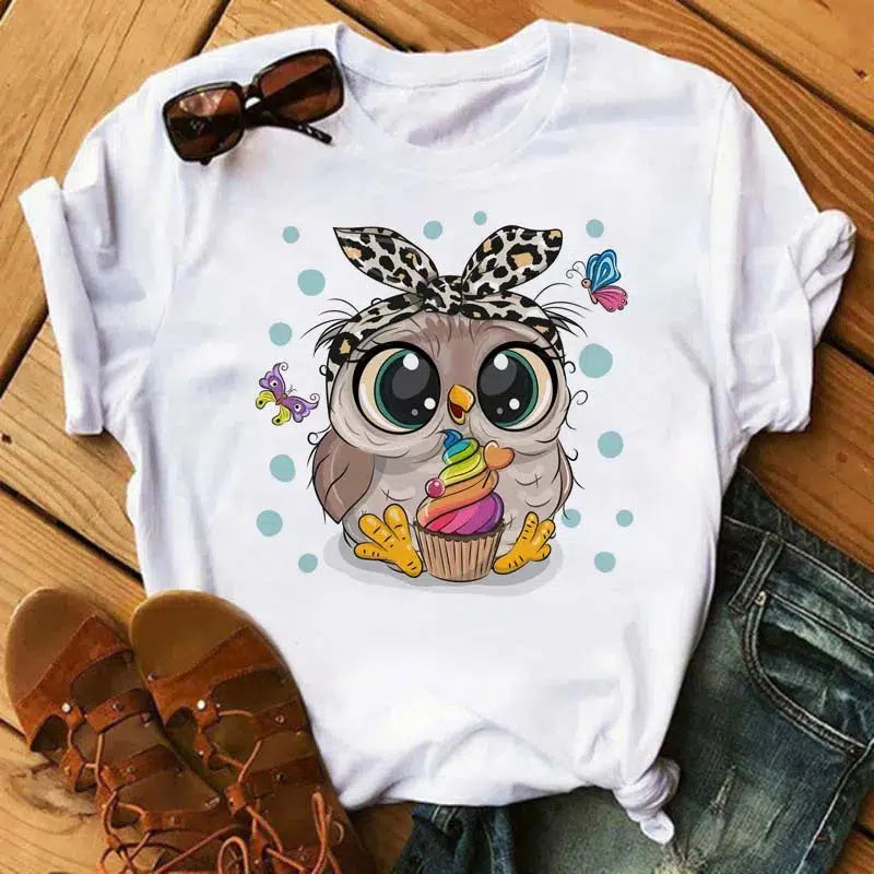 Cheky - Maycaur Cartoon Owl Print T Shirt Women Kawaii Graphic Shirts Casual Short Sleeved Black Female Tee O-neck Harajuku T-shirts