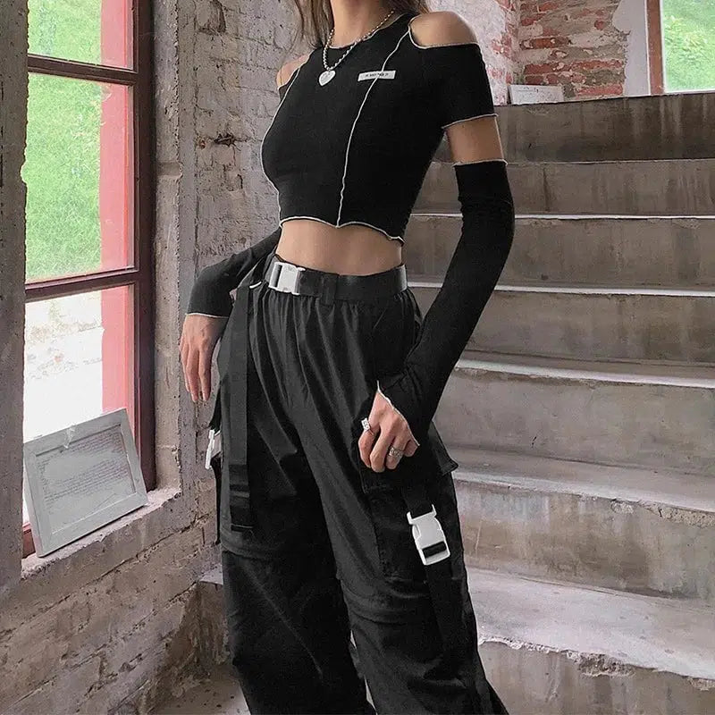 Cheky - Patchwork Black T-shirts Gothic One Shoulder Sleeve Y2k Crop Tops Ruffles Hem Hip Hop Techwear Women Tees