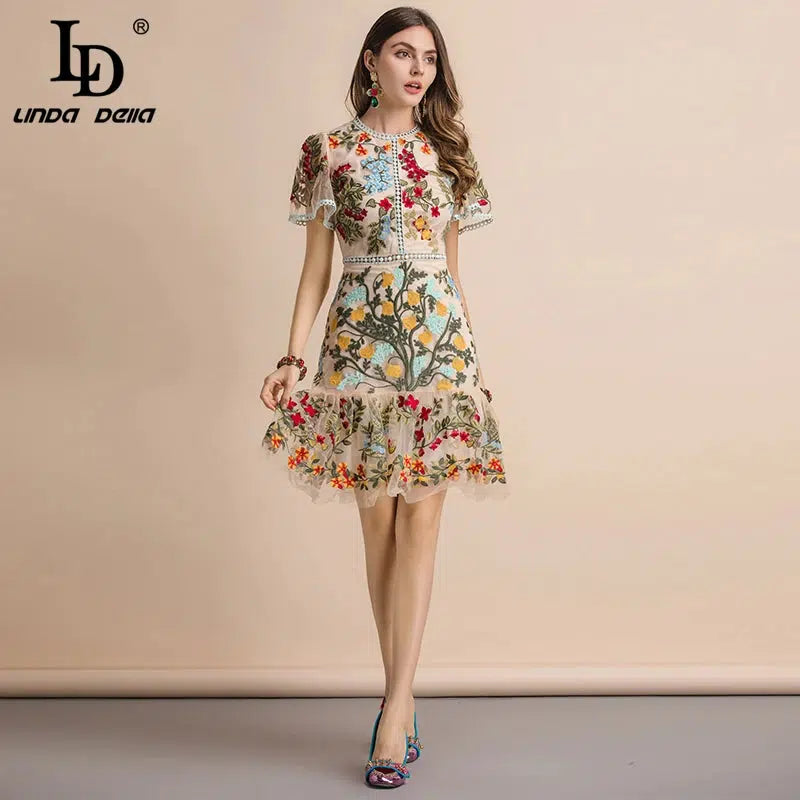 Cheky - LD LINDA DELLA New 2023 Fashion Runway Summer Dress Women's Flare Sleeve Floral Embroidery Elegant Mesh Hollow Out Midi Dresses