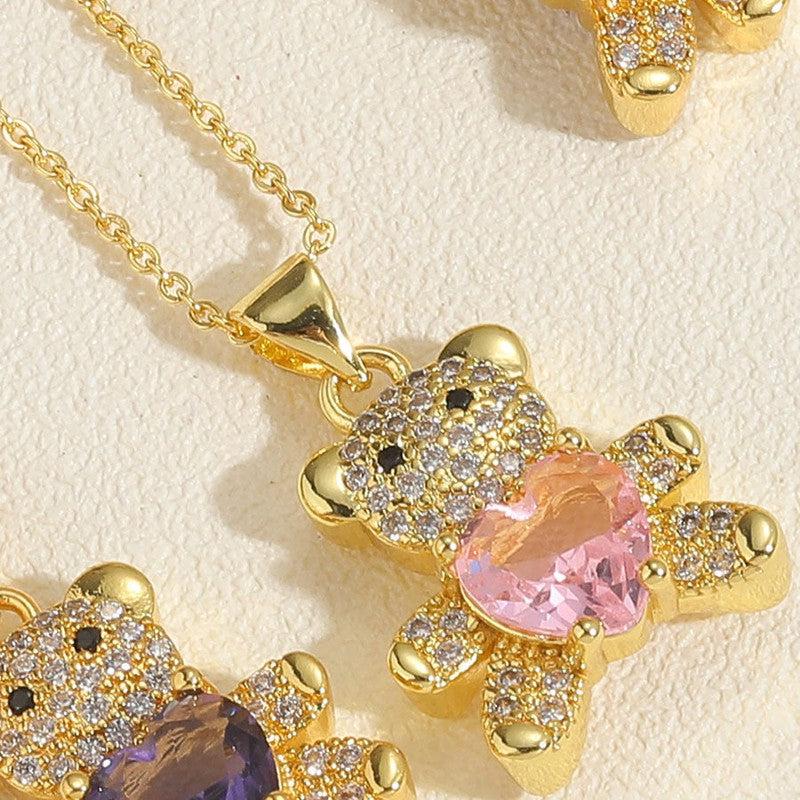 Cheky - Copper Micro Inlaid Zircon Bear Love Gem Necklace