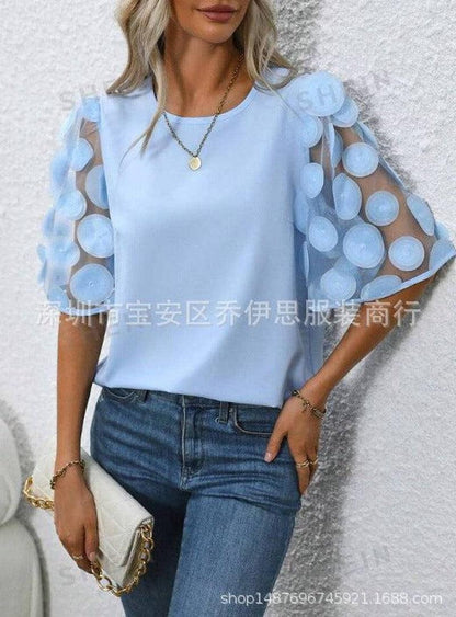 Cheky - Round Neck Hollow-out Short-sleeved Shirt Casual Top