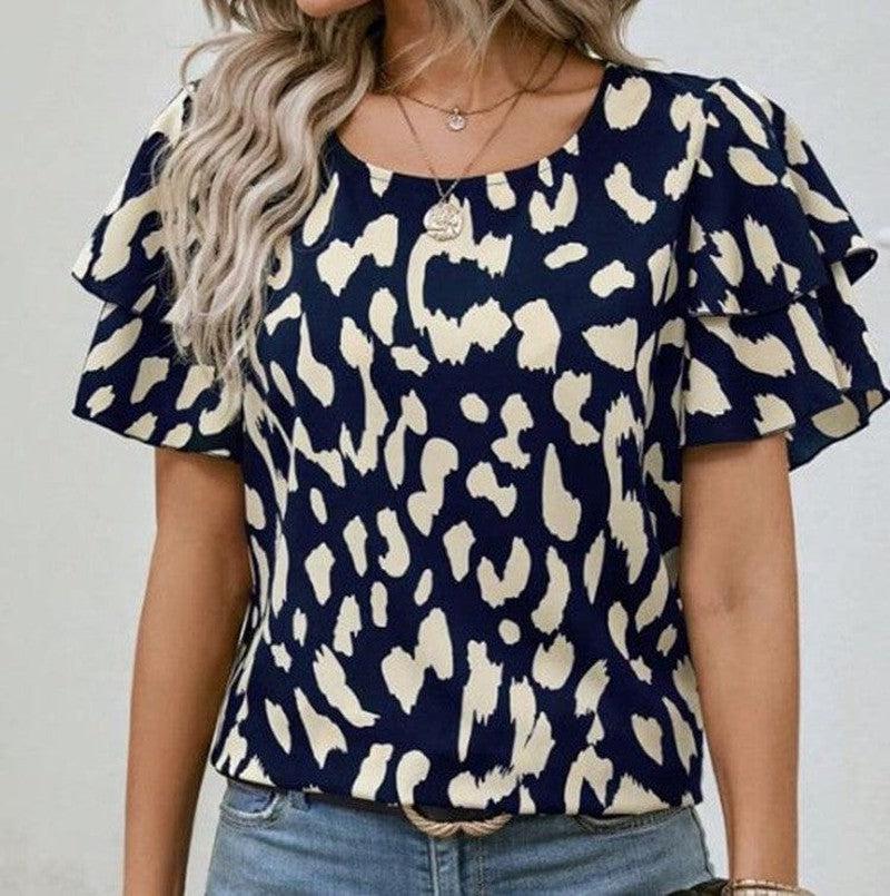 Cheky - Pullover Round Neck Printed Loose Casual Short Sleeve