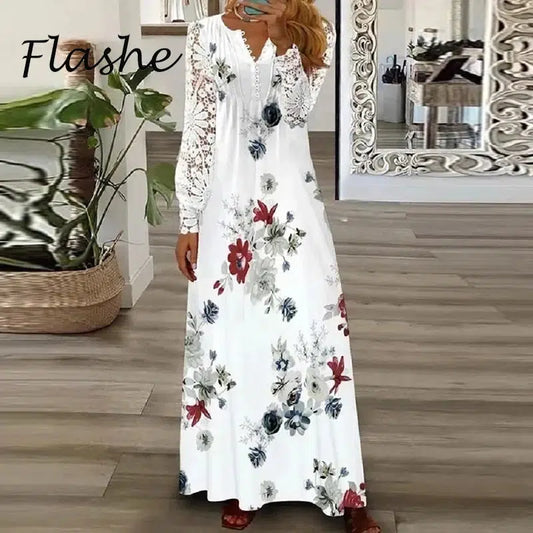 Cheky - Spring Summer Floral Print Long Dress Boho V Neck Long Sleeve Lace Patchwork Party Dresses For Women Fashion Holiday Maxi Dress