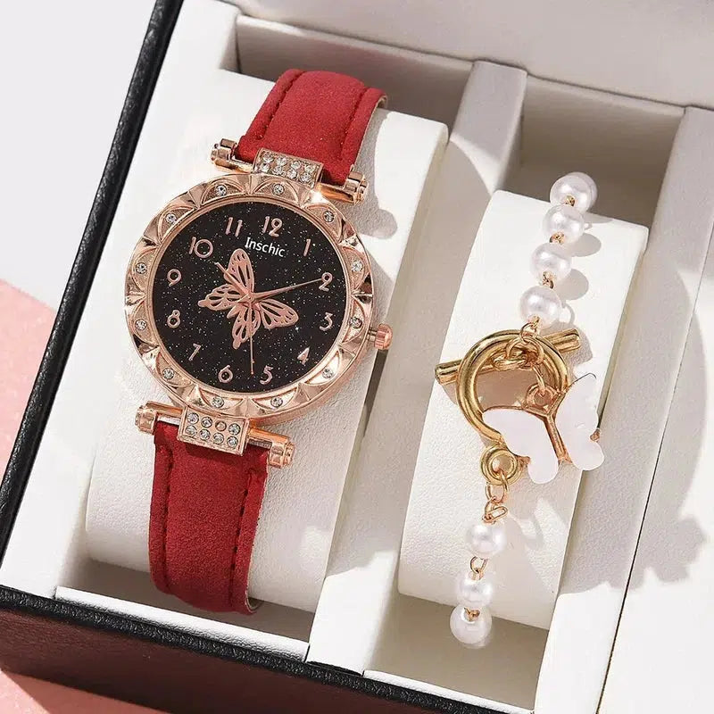 Cheky - Female New Luxury Ladies Watch Bracelet Set Quartz Wristwatch 2 PCS Set Women Watch Clock Gift Leather Strap Reloj Mujer