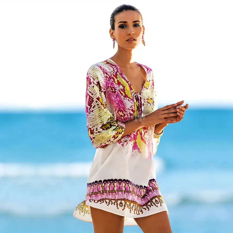 Cheky - New Arrivals Beach Caftan Swimsuit Cover up Print Chiffon Pareo Women Robe Plage Swimwear Dress Sexy Sarong Beach Tunic