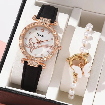 Cheky - Female New Luxury Ladies Watch Bracelet Set Quartz Wristwatch 2 PCS Set Women Watch Clock Gift Leather Strap Reloj Mujer