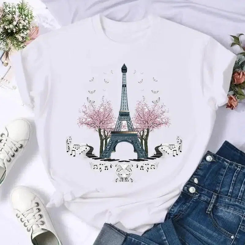 Cheky - Short Sleeve Butterfly Bow Sweet Flower Fashion Summer Women Print T Shirt Female Casual Top Tshirts Cartoon Graphic Tee T-Shirt