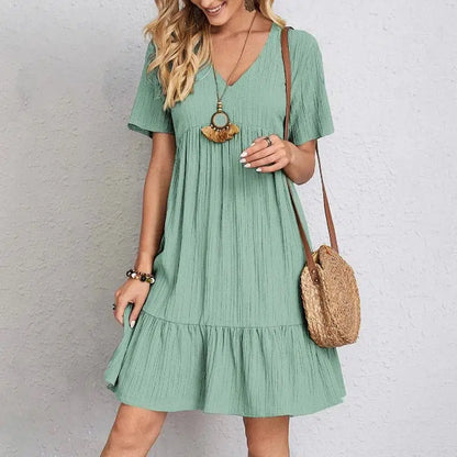 Cheky - Summer Womens Short Sleeve Mini Dress Ladies Pleated Ruffle Solid Dresses Casual V Neck Vintage Loose Vestidos