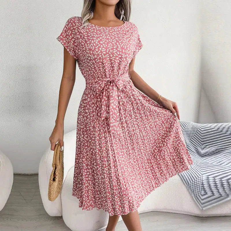 Cheky - Women Spring Summer Short Sleeve High Waist Chic Dress Fashion Floral Pleated A Line Long Dress