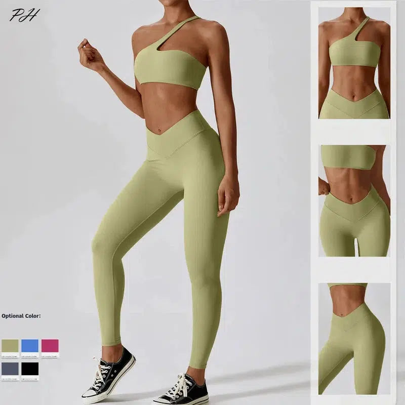 Cheky - Women Sexy Sport Yoga Set Outfit Fitness Workout Clothes Diagonal Shoulder Sports Top Leggings Suit Leisure Running Sportwear