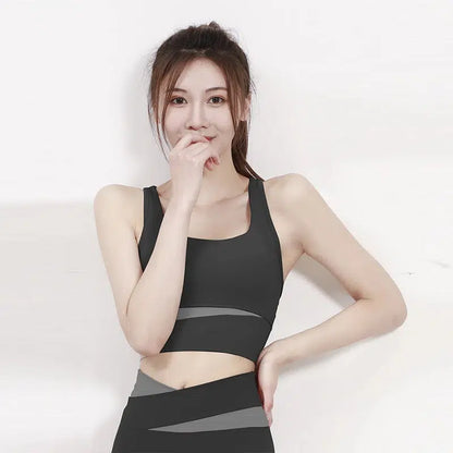 Cheky - High Waist Yoga Set Lady Gym Suit Sport Set Shockproof Sport Bra Crop Top Patchwork Tracksuit Women Fitness Outfit Training Wear