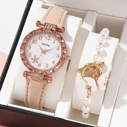 Cheky - Female New Luxury Ladies Watch Bracelet Set Quartz Wristwatch 2 PCS Set Women Watch Clock Gift Leather Strap Reloj Mujer