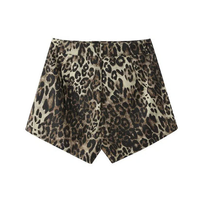 Cheky - Aoaiiys Leopard Print Shorts Women Denim Short Pants Casual Button Vintage Dropped Zippers Female Shorts Summer