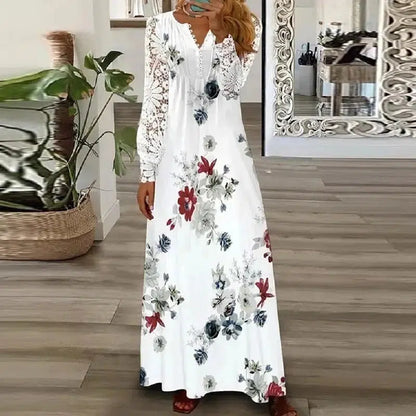 Cheky - Spring Summer Floral Print Long Dress Boho V Neck Long Sleeve Lace Patchwork Party Dresses For Women Fashion Holiday Maxi Dress