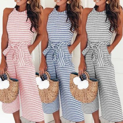 Cheky - Elegant Sexy Jumpsuits Women Sleeveless Striped Jumpsuit Trousers Wide Leg Pants Rompers Loose Style Belted Leotard Overalls